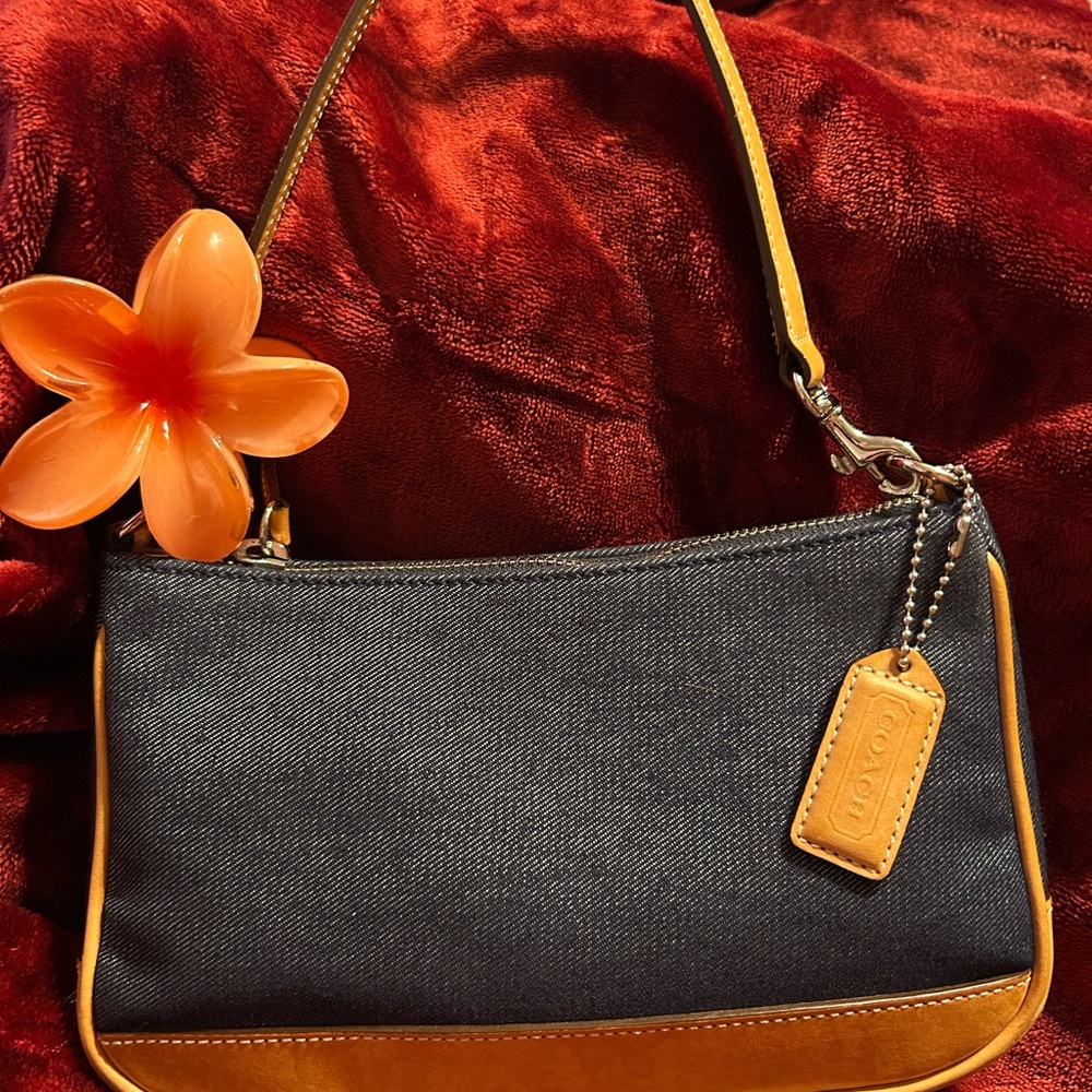 Vintage COACH 7594 Small Handbag Blue Denim & Tanned Leather Shoulder Bag Purse